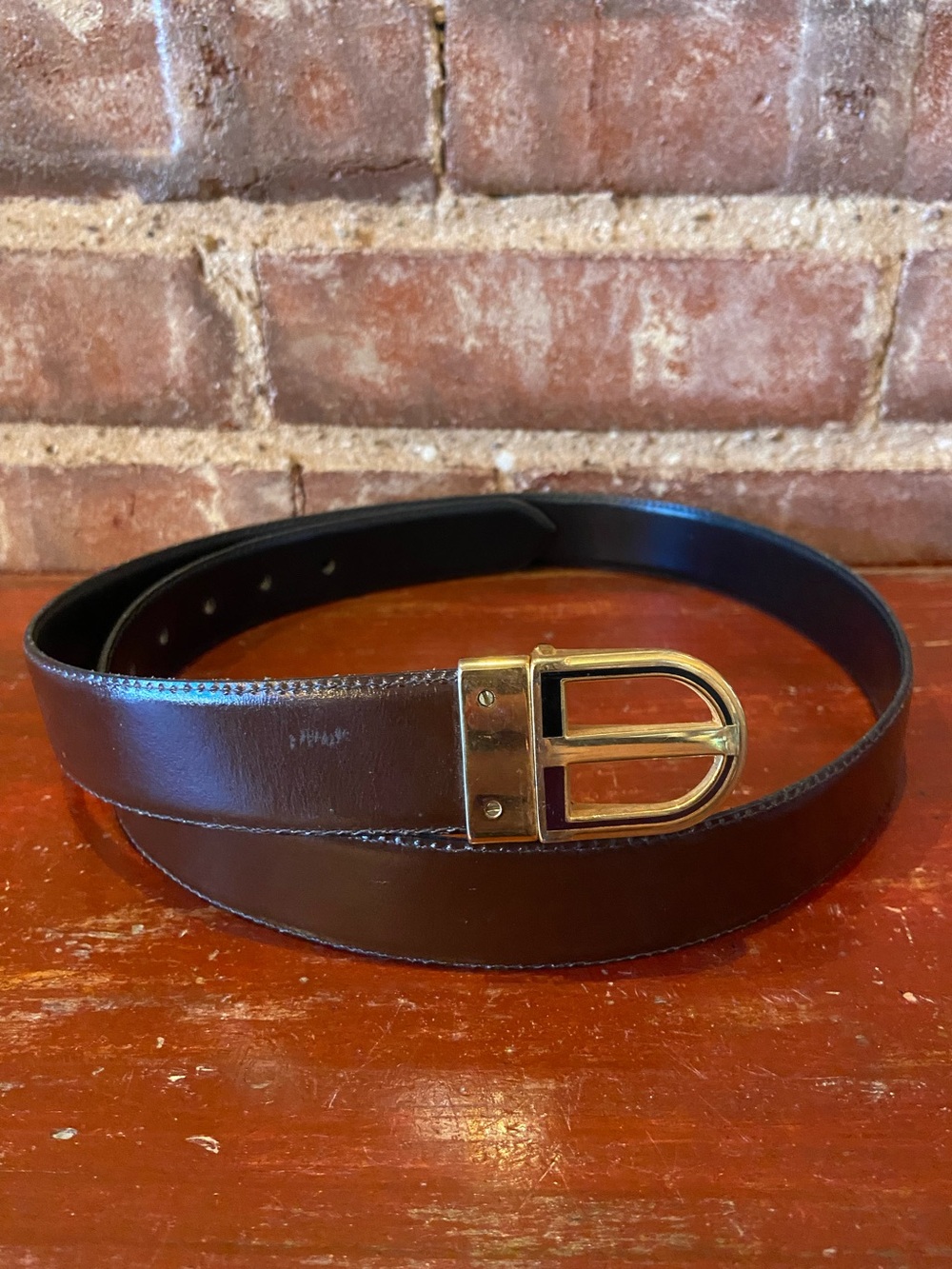 Men's Dark Brown Leather Belt with Gold Buckle